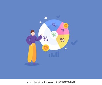 Diversification of investment concept. making purchases in various types of assets or stocks. illustration of an investor investing capital in various types of asset classes. flat style design