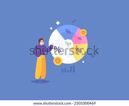 Diversification of investment concept. making purchases in various types of assets or stocks. illustration of an investor investing capital in various types of asset classes. flat style design