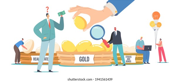 Diversification Investment, Financial Success and Balance, Risk Management, Guarantee of Security Financial Savings. People Invest in Gold, Real Estate, Bonds and Stocks. Cartoon Vector Illustration