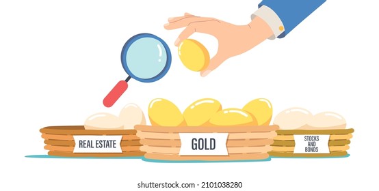 Diversification Investment, Financial Success and Balance, Risk Management, Guarantee of Security Financial Savings. Invest in Gold, Real Estate, Bonds and Stocks. Cartoon Vector Illustration