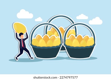 Diversification, investment portfolio strategy to reduce risk and maximize return, earning and profit, asset allocation concept, businessman holding golden eggs diversify by putting in many baskets