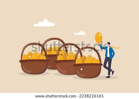 Diversification, investment portfolio strategy to reduce risk and maximize return, earning and profit, asset allocation concept, businessman holding golden eggs diversify by putting in many baskets.