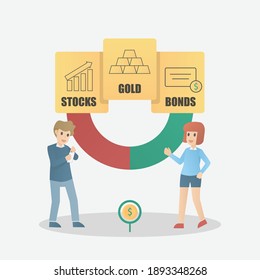 Diversification investment,financial success and balance,Risk management money growth and turnover,guarantee of security financial savings,Invest in gold, bonds and stocks,Vector illustration.