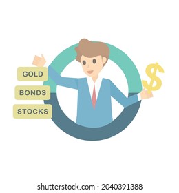 Diversification investment,financial success and balance,Risk management money growth and turnover,guarantee of security financial savings,Invest in gold, bonds and stocks,Vector illustration.