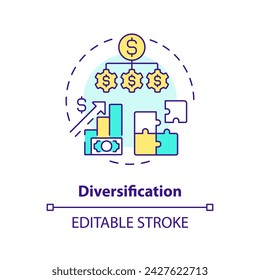 Diversification multi color concept icon. Investment strategy. Risk mitigation technique. Investing in P2P loans. Round shape line illustration. Abstract idea. Graphic design. Easy to use in marketing