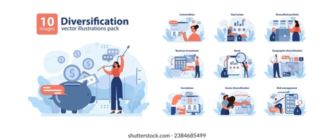 Diversification set. Investors exploring avenues like commodities, real estate, bonds, and geographic regions. Business investment, correlation strategies, sector exploration, and risk management.