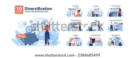 Diversification set. Investors exploring avenues like commodities, real estate, bonds, and geographic regions. Business investment, correlation strategies, sector exploration, and risk management.
