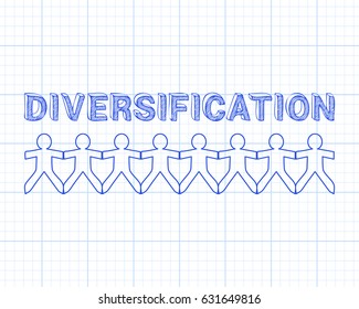 Diversification text hand drawn with paper people on graph paper background