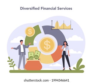 Diversified financial industry. Financial company providing financial operation, product and service. Customer account maintenance, capital market and mortagage REIT investing. Vector illustration