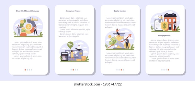 Diversified Financial Industry Mobile Application Banner Set. Company Providing Financial Operation. Customer Account Maintenance, Capital Market And Mortagage REIT Investing. Vector Illustration