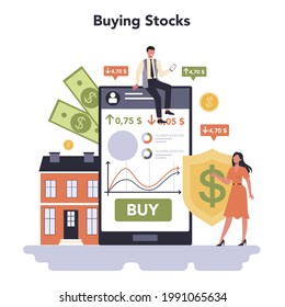 Diversified financial industry online service or platform. Company providing financial operation, product and service. Buying stocks. Vector illustration