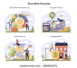 Diversified Financial Industry Set. Financial Company Providing Financial Operation, Product And Service. Customer Account Maintenance, Capital Market And Mortagage REIT Investing. Vector Illustration