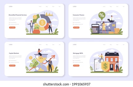 Diversified Financial Industry Web Banner Or Landing Page Set. Company Providing Financial Operation. Customer Account Maintenance, Capital Market And Mortagage REIT Investing. Vector Illustration