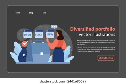 Diversified portfolio presentation with a businesswoman analyzing stocks, bonds, and ETFs for robust financial strategy. Achieving balance in asset allocation. Flat vector illustration.