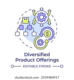 Diversified product offerings multi color concept icon. Expanded product lines. Contract manufacturing benefit. Round shape line illustration. Abstract idea. Graphic design. Easy to use in article