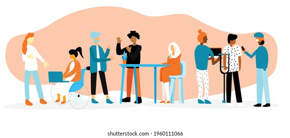 A diversified workplace where different types of people from different culture can be seen as sharing ideas and vies to each other