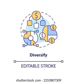 Diversificar icono de concepto. Difundir dinero entre los fondos. Regla de invertir una idea abstracta en una ilustración de línea delgada. Dibujo de contorno aislado. Trazo editable. Fuentes Arial, Myriad Pro-Bold utilizadas