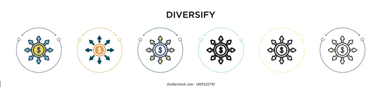 Diversify icon in filled, thin line, outline and stroke style. Vector illustration of two colored and black diversify vector icons designs can be used for mobile, ui, web
