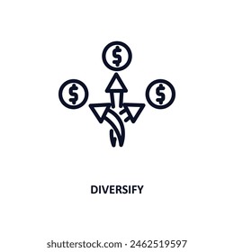 diversificar icono. Icono de línea delgada diversificar de la colección de marketing. Vector de contorno aislado sobre fondo blanco. El diversify symbol editable se puede utilizar en Web y móviles