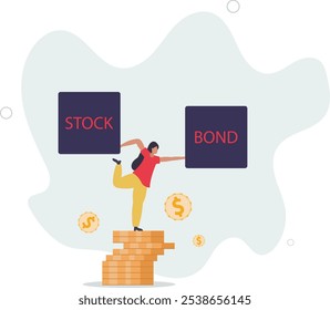 Diversify portfolio investment, rebalance between stocks and bonds, passive invest wealth accumulate concept.flat characters.