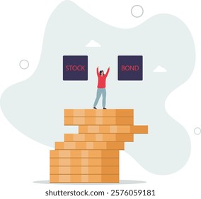 Diversify portfolio investment, rebalance between stocks and bonds, passive invest wealth accumulate concept.flat characters.