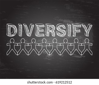 Diversify text hand drawn with paper people on blackboard background
