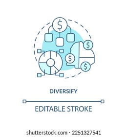 Diversify turquoise concept icon. Spread money across funds. Rule of investing abstract idea thin line illustration. Isolated outline drawing. Editable stroke. Arial, Myriad Pro-Bold fonts used