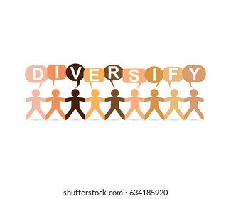 Diversify word in speech bubbles with cut out paper people chain in different skin tone colors
