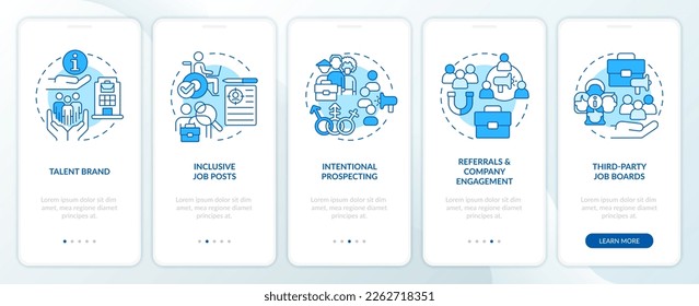 Diversifying pipeline of candidates blue onboarding mobile app screen. Walkthrough 5 steps editable graphic instructions with linear concepts. UI, UX, GUI template. Myriad Pro-Bold, Regular fonts use