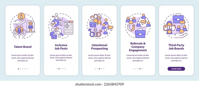 Diversifying pipeline of candidates onboarding mobile app screen. Walkthrough 5 steps editable graphic instructions with linear concepts. UI, UX, GUI template. Myriad Pro-Bold, Regular fonts use