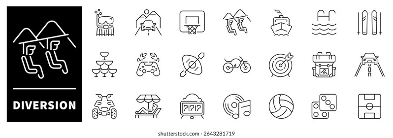 Diversion elements collection. Diversion vector icons in line style. Thin line icons related to Diversion and hobby