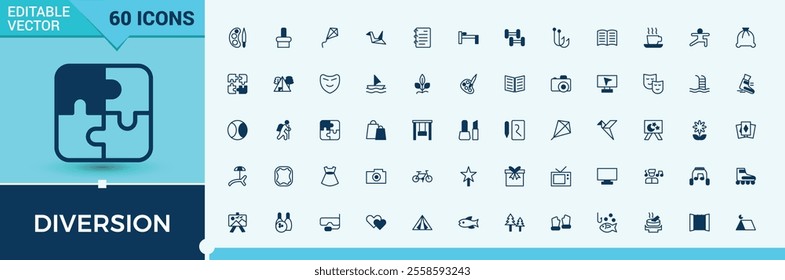 Diversion vector line icon set. Includes thin line location, palm, tool, aerodrome, Hobby, party and more. Perfect for logos and infographics. Editable vector icon and illustration.