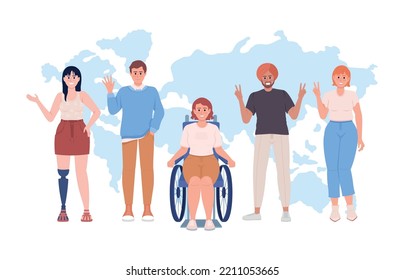 Diversity 2D vector isolated illustration. Social inclusion flat characters on world map background. Happy people all over world colourful editable scene for mobile, website, presentation