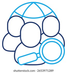 Diversity analytics icon represented by some people ,magnifying glass, globe Dual Line style.