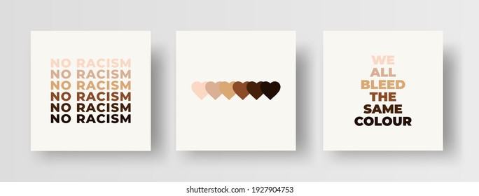 Diversity and Anti Racism Social Media Post or Square Banner Collection. Set of Anti-Racism Illustrations, Typography, Design Elements with Skin Tone Colours. No Racism, We All Bleed The Same Colour. 