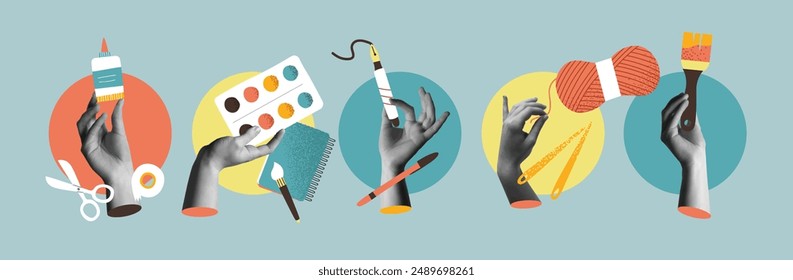 Diversity art hobbies and creative leisure with hands in retro 80s collage mixed media vector illustration set. Different arts and crafts tools in flat freehand drawing style. 