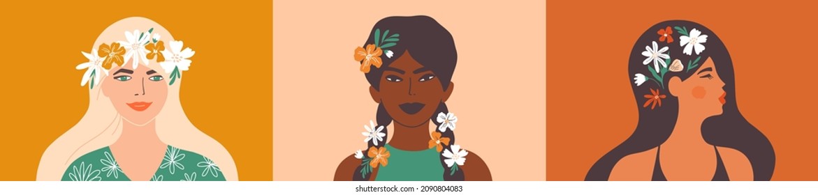 Diversity beautiful women. Young woman with flower wreath hair on head, floral braids. Womens day 8 march. Natural beauty girl, stylish female. Self care, love. Set portraits, art vector illustrations