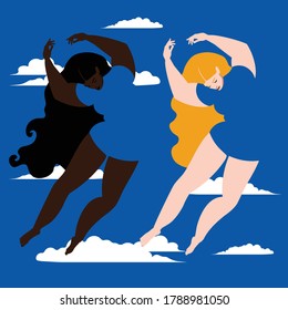Diversity -Body Positive - Plus Size is Beautiful - two beautiful plus size girls dancing in the clouds
