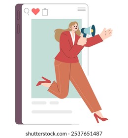 Diversity in business concept. Confident businesswoman speaking with a megaphone on a social media interface. Communication and leadership in the digital age. Vector illustration.