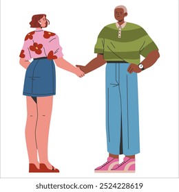 Diversity in business concept. Two professionals from different backgrounds shaking hands in partnership. Casual work attire, inclusive work environment. Vector illustration.
