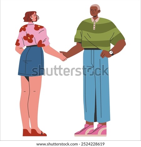Diversity in business concept. Two professionals from different backgrounds shaking hands in partnership. Casual work attire, inclusive work environment. Vector illustration.