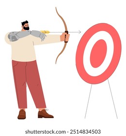 Diversity businessman concept. Bearded man with a prosthetic arm practicing archery, symbolizing precision and determination. Vector illustration.