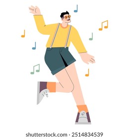 Diversity businessman concept. A cheerful, dancing male figure with suspenders radiates positivity. Music notes add a playful mood. Vector illustration.