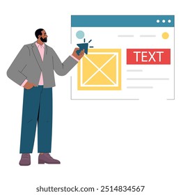 Diversity businessman concept. A confident male professional presenting a digital web interface. Inclusion at workplace. Vector illustration.