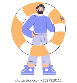 Conceito de homem de negócios de diversidade. Um personagem masculino confiante está rodeado por um padrão abstrato, representando a inclusividade no local de trabalho. Ilustração vetorial.