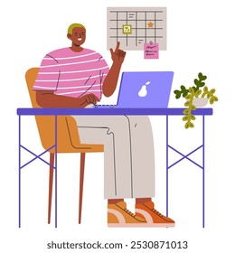 Diversity businessman concept. A confident male professional at his desk, engaging in work with a laptop and planner. Inclusive workspace representation. Vector illustration.