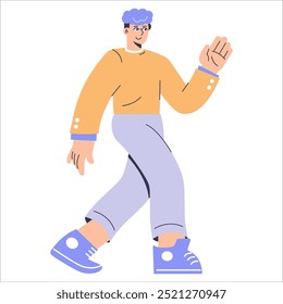 Diversity Businessman concept. A dynamic male figure with purple hair signaling a friendly halt. Casual corporate attire, inclusivity in the workplace. Vector illustration.