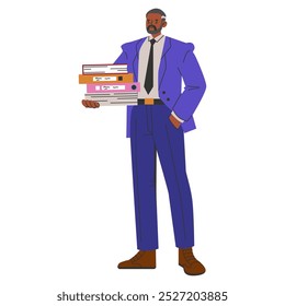 Diversity businessman concept. An illustration of a professional man in a blue suit carrying documents. Multicultural workplace representation. Vector illustration.
