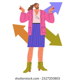 Concepto de hombre de negocios de diversidad. Una figura masculina inclusiva con un atuendo vibrante con flechas que apuntan en diferentes direcciones. Diversidad de trayectorias profesionales, identidad empresarial única. Ilustración vectorial.