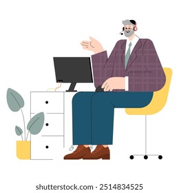 Diversity businessman concept. An inclusive office environment with a businessman using a headset. Representing modern corporate communication. Vector illustration.